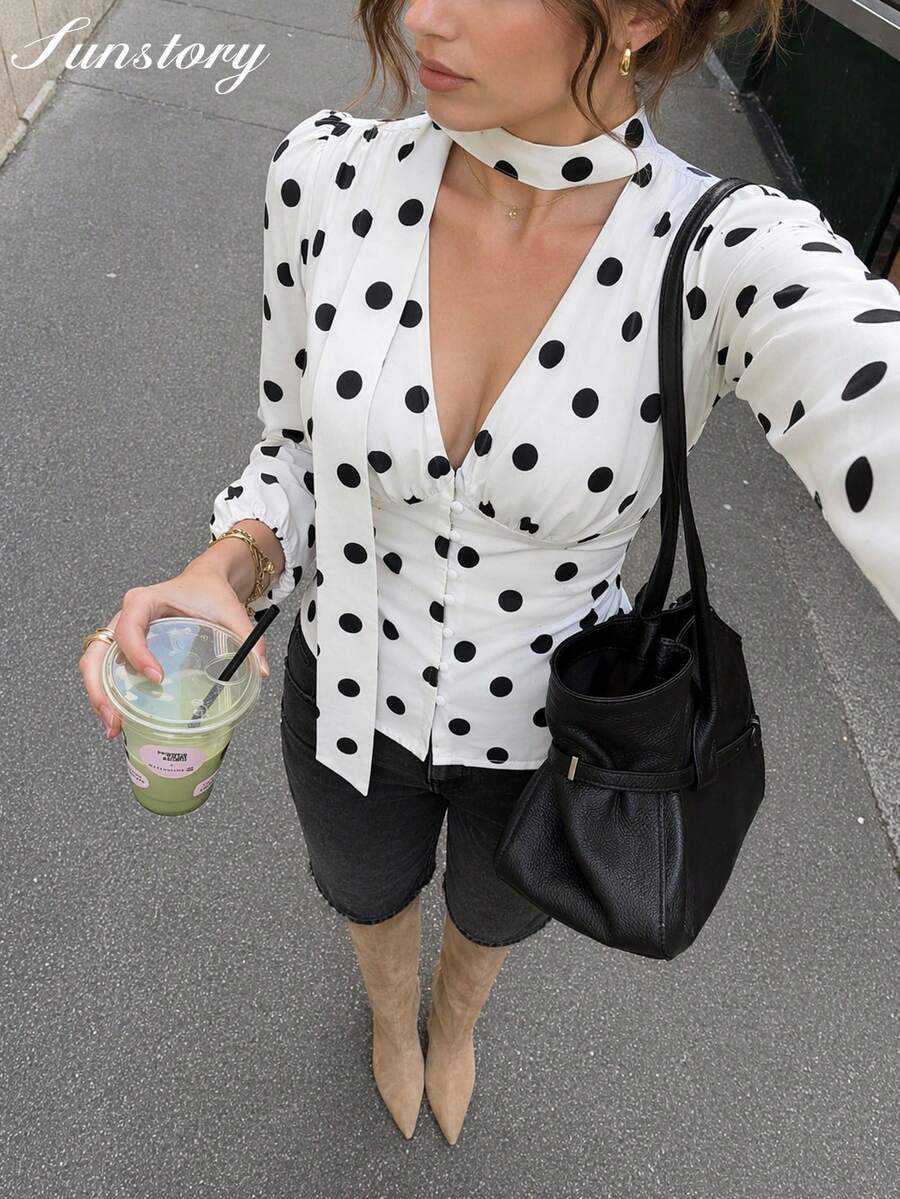 French Vintage Polka Dot Ribbon Blouse For Women, Design-Focused V-Neck Cinched Waist Puff Sleeve Fitted Long Sleeve Top, Suitable For Commuting, Dating, And Street Photography - White - View 1