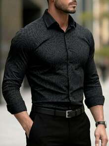 Men's All-Over Print Single-Breasted Business Casual Long Sleeve Shirt - Black - View 1
