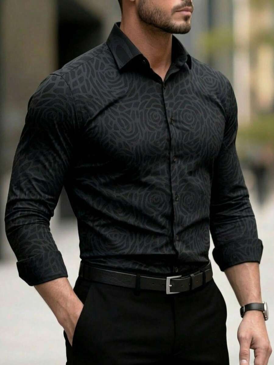 Men's All-Over Print Single-Breasted Business Casual Long Sleeve Shirt - Black - View 1