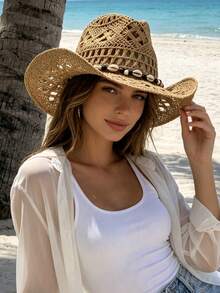1 pieza Sombrero de paja estilo bohemio con diseño hueco de concha, sombrero de playa tipo vaquero, sombrero de paja tejido a mano puro, adecuado para vacaciones y fotografía - Caqui - Ver 4