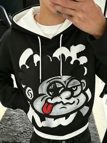 Men's Casual Polyester Hooded Sweatshirt With Cartoon Print, Knitted Fabric With Slight Elasticity, Regular Fit, Suitable For All Seasons, Black Hoode - Black - View 1