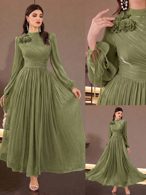 Elegant Women's Long Sleeve Stand Collar Dress With 3D Rose Flower Details, Luxurious Pleated Flared Hem Evening Gown, Suitable For Formal Dinner Occasions