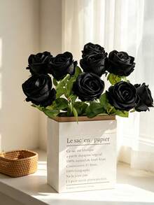 50pcs Black Artificial Roses, Realistic Rose Bouquet, Long Stem Design, Suitable For Home Decor, Party, Halloween Black Style, Halloween Decoration, Room Decor, Home Decor, Bedroom Supplies, Desktop Decor, Best Friend Gift, House Decoration, Bedroom Accessories, Valentine's Day, Garden Supplies, Wedding Accessories, Garden Decor, Garden Ornaments, Wall Decor, Outdoor Garden Ornaments, Women Gift - Black - View 8