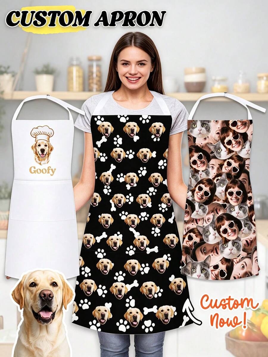Personalized Photo Apron, Customized Dog Face Kitchen Apron, Funny Face Apron, Customized Picture Apron, Cooking Apron, Gift For Dog Lovers, Pet Owners, Home Cooks, BBQ, Baking, Kitchen, Suitable For Women, Men, Family, Friends - Multicolor - View 1