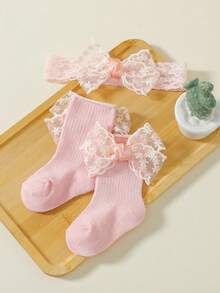 1 Set Spring/Autumn Multi-Color Baby Sweet Cute Lace Bow Boat Socks + Bow Headband, Suitable For Baby Full Month, First Birthday, Special Occasions - Pink - View 5