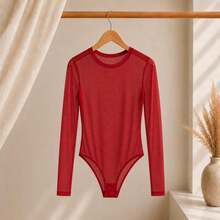 Basic Tulle Bodysuit With Long Sleeves Autumn Winter Fashion 2025 - 紅色 - 查看 1