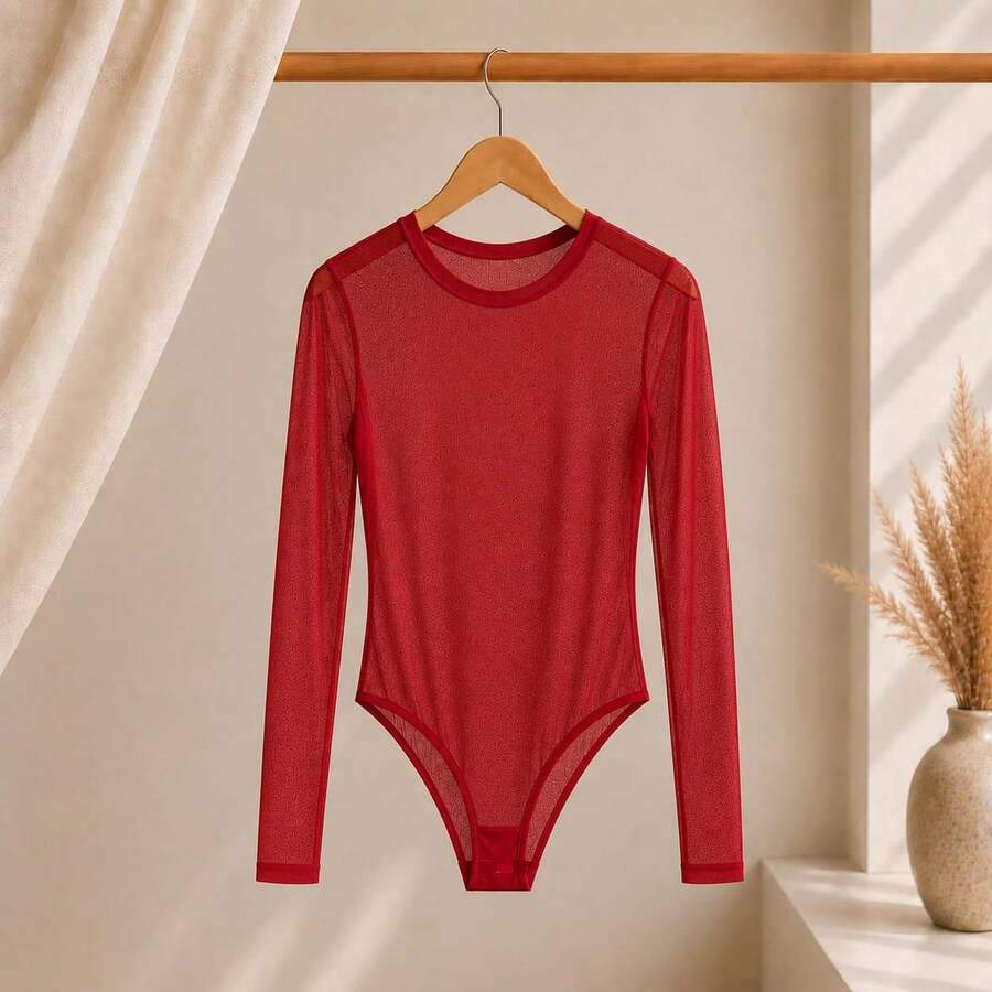 Basic Tulle Bodysuit With Long Sleeves Autumn Winter Fashion 2025 - 紅色 - 查看 1