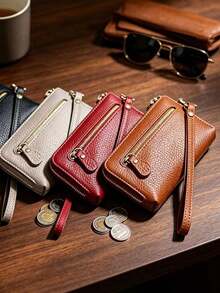 Lychee Texture PU Dual Zipper Coin Purse, Multi-Compartment Card Holder Key Pouch With Wrist Strap, Portable Storage Small Bag - Multicolor - View 1