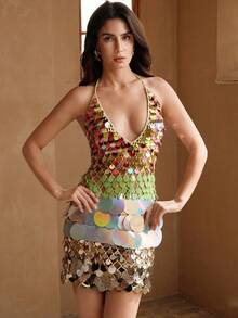 Gradient Sequin Halter Deep V Neck Dress, Sexy Backless Bodycon Mini Skirt For Beach Night Vacation Golden Summer - Multicolor - View 3