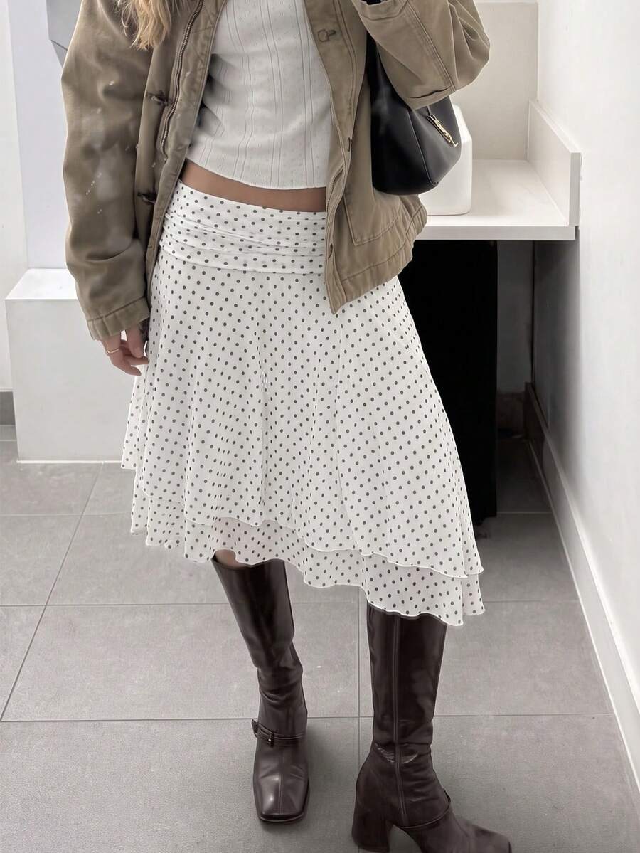 Damen Polka Dot Muster Doppelschicht Mesh Rock, figurbetonter Strandurlaubs Gerade Rock, Frühling/Sommer - Weiss - Übersicht 1