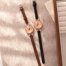 1PC Vintage Rose Gold Roman Numeral Quartz Women's Watch, Brown & Black Dual-Tone Leather Strap Commuter Style, Perfect Gift For Women - Multicolor - View 1