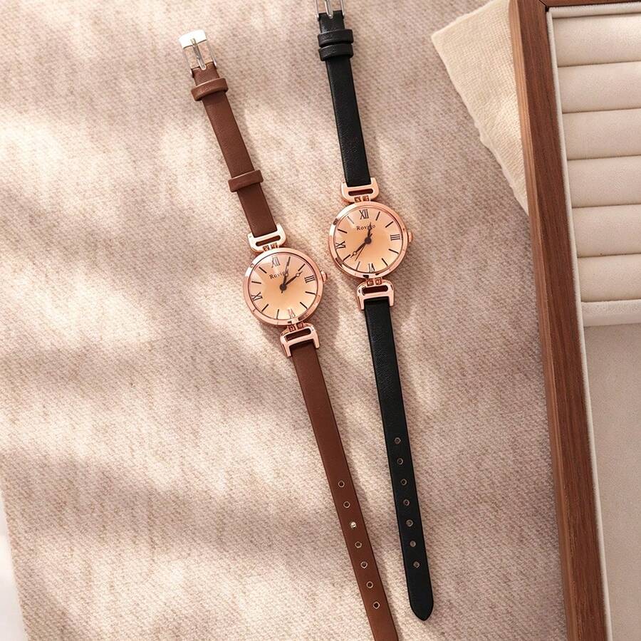 1PC Vintage Rose Gold Roman Numeral Quartz Women's Watch, Brown & Black Dual-Tone Leather Strap Commuter Style, Perfect Gift For Women - Multicolor - View 1