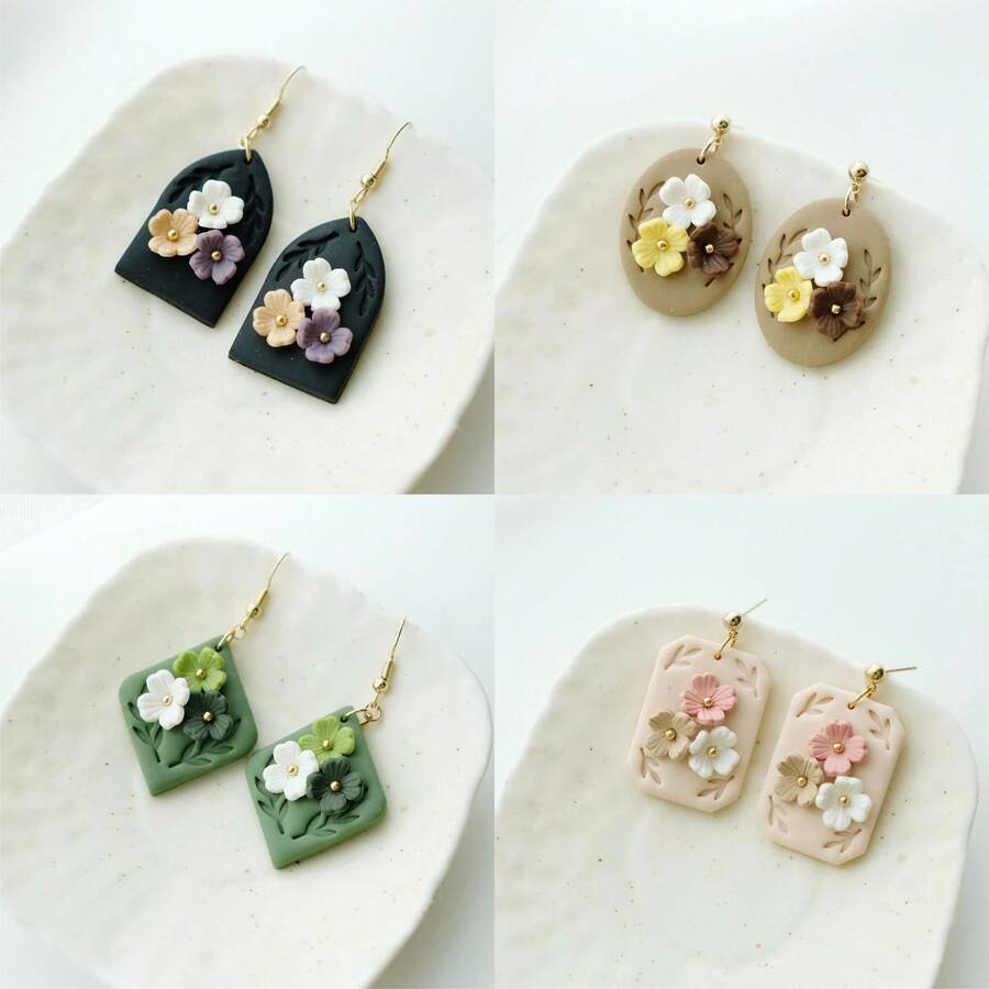 Floral Border Polymer Clay Molds, 4 Geometric Shapes With Leaf Borders, Suitable For Elegant Handmade Earrings - White - View 1
