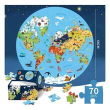 Round World Map Educational Puzzle For Kids 70 Pcs - Baby Blue - View 4