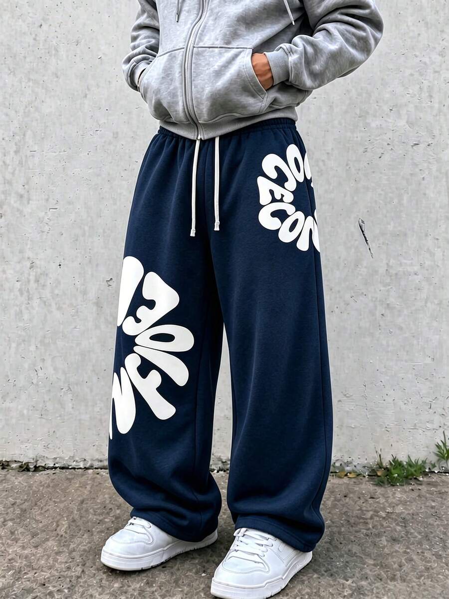 FRACTYR 男士夏季休閒街頭風字母印花深色高街風透氣寬鬆印花長褲,舒適透氣適合戶外穿著,純色休閒長褲 - 藏蓝色 - 查看 1
