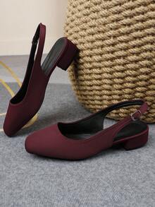 Casual Plain Buckle Office Elegant Low Heel Versatile Sandals - Burgundy - View 9