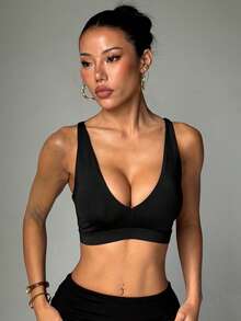 Women's Solid Color Removable Padded Criss-Cross Strap Knit Sports Bra - Black - View 3