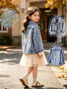 New Girls Casual Cute Denim Jacket, Young GirlShiny Heart Embroidery Versatile Top, Children's Clothing - Medium Wash - View 2