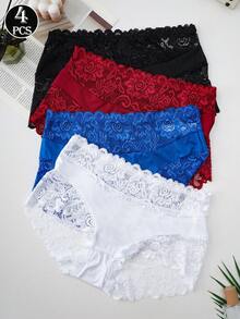 4pcs Women's High Waist Comfortable Lace Patchwork Panties, Elegant Style Triangle Briefs - Multicolor - View 2