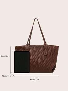 Minimalist Large Woven Pattern Tote Bag, Smooth Pu Brown With Dual Long Handles, Roomy Daily Bag Suitable For Work Shopping Short Trips - Brown - View 4