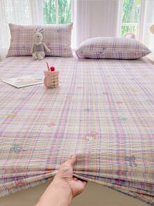 1 Set Sweet Macaron Pink & Purple Plaid Bedding Set, Soft & Comfortable Bubble Gauze Texture, Includes 1 Fitted Sheet And 2 Pillowcases, No Filling, Suitable For Dorm, Bedroom, Home Use, Multiple Sizes Available, All Season - Multicolor - View 8