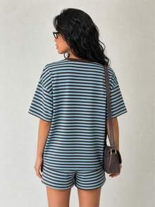 Light Blue & Brown Fine Striped All-Over Print Loose Short Sleeve Top & White Drawstring Shorts 2-Piece Set, Vintage Maillard Casual Loungewear - Blue - View 2