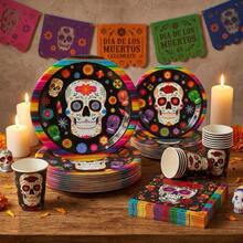 10/20/50Pcs,Day Of The Dead Colorful Sugar Skull Disposable Tableware Including 7Inch & 9Inch Paper Plates,Cups & Napkins With Rainbow Stripe Patterns For Mexican Carnival Parties,Suger Skull Paper - Multicolor - View 2