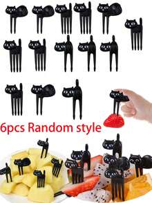 6pcs Cartoon Animal Cat Shaped Fruit Fork, Mini Dessert Salad Fork, Birthday Party Decoration For Kids And Adults,Kitchen,Christmas Gift - Black - View 9