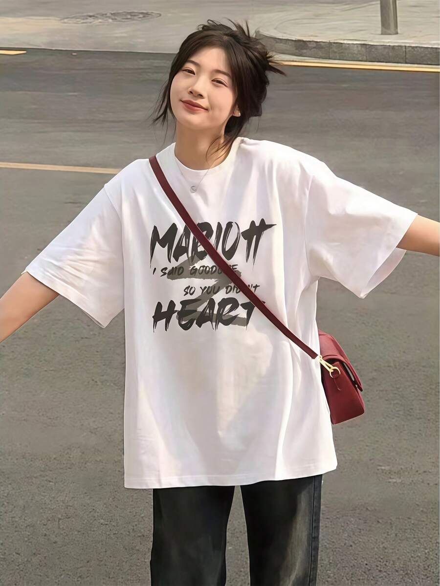 Damen-T-Shirt "MARION HEART" mit Pinselstrich-Print, weiß, 100% Baumwolle, Oversized, Rundhals, Kurzarm, Casual Streetwear Top, Unisex Baumwoll-T-Shirt - Weiss - Übersicht 1