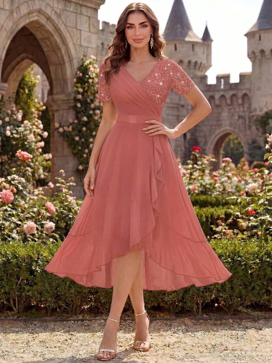 MIUSOL V-Neck Sequin Floral Lace Patchwork Chiffon Ruffle Hem Elegant Ball Party Midi Dress, Semi-Formal Evening Gown, Wedding Guest Dress Summer - Dusty Pink - View 1