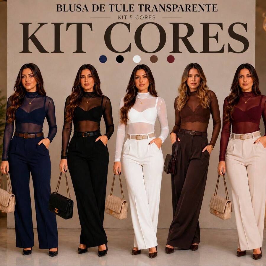 KIT 5 Women's Elegant And Modern Long Sleeve Tulle Blouse With Mock Neck - 5色套裝 - 查看 1
