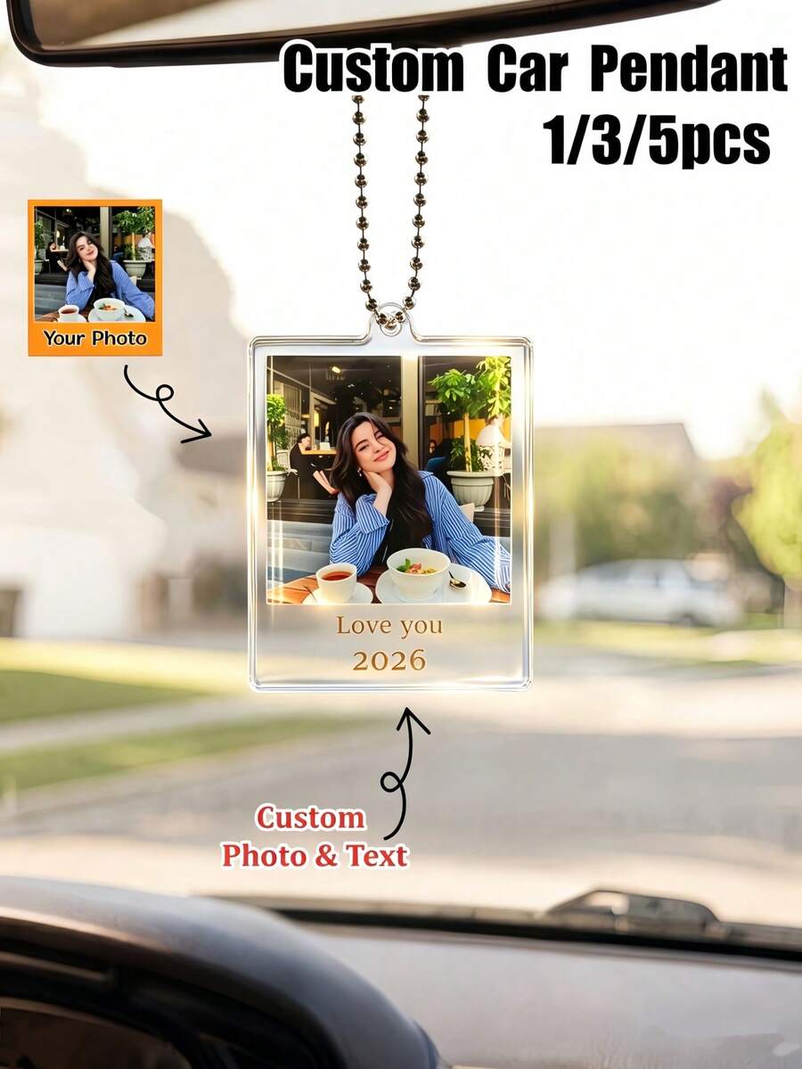 1/3/5pcs Customized Car Hanging Ornament, Customizable Photo And Text, Personalized Acrylic Photo Pendant, Multiple Sizes Available, Rich Colors, Aesthetic Car Decoration, High Decorativeness, Reusable, Exquisite And Fashionable, Ideal Gift For Him, Ideal Gift For Her, Wedding Decoration/Wedding Car Ornament