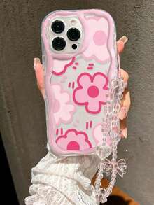 1pc Pink Floral + Chain Phone Case For Apple 17 Pro Max, Shockproof For IPhone 16/15/14/13 - Pink - View 5