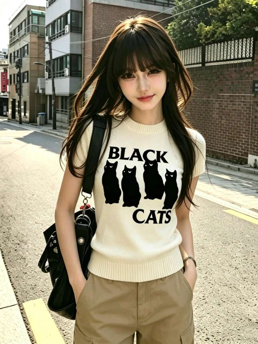 1件女款短袖針織圓領上衣,4隻黑貓印花,夏季寬鬆顯瘦上衣 - 杏色 - 查看 1