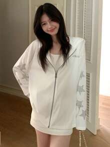 Rhinestone + Sword Zipper Pull + Gunmetal Zipper Casual Sun Protection Cover-Up Shirt For Women White - White - View 4