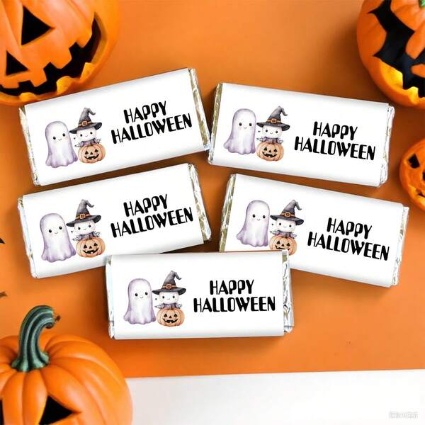 10pcs Happy Halloween Candy Bar Wrappers Stickers, Cute Ghost Pumpkin & Witch Design Halloween Mini Candy Chocolate Labels Stickers, Party Favor, Halloween Party Decoration, No Candy