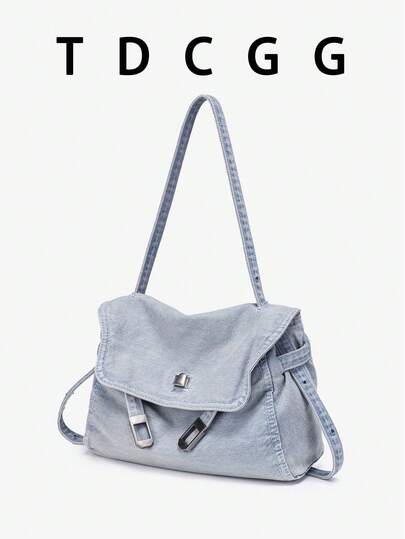 1pc Light Blue Washed Denim Messenger Bag, New Style Vintage Flap Shoulder Crossbody Handbag For Women, Commuter Daily Purse
