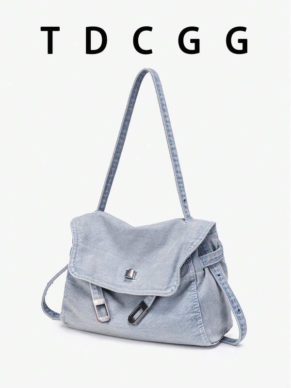 1pc Light Blue Washed Denim Messenger Bag, New Style Vintage Flap Shoulder Crossbody Handbag For Women, Commuter Daily Purse