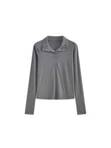 Korean Style Design Fitted Long Sleeve T-Shirt For Women, Inner Layer And Outer Wear Top, Base Layer Casual - Grey - View 5