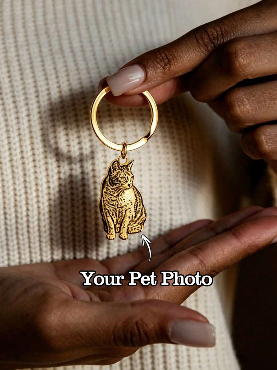 Custom Engraved Pet Photo Keychain, Personalized Dog Portrait Stainless Steel Gold Plated Memorial Key Ring Gift - Pet Keychains - View 1