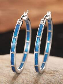 1 Pair Daily Hoop Earrings For Women, Wedding Engagement Party Jewelry, Valentine's Day Gift - Silver + Blue - View 5