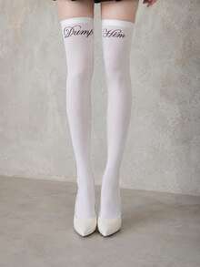Y2K Street Style Handwritten Letter Print Sheer Thigh-High Socks, Side Contrast Color Line See-Through Over-The-Knee Socks, Suitable For High Heels And Mini Skirts - White - View 6