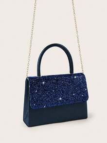 REMANLAND Women's Shiny Deep Blue Sequin Clutch, Satin Evening Bag With Top Handle And Detachable Chain Strap, Suitable For Weddings, Proms, Cocktail Parties, Banquets - Navy Blue - View 3