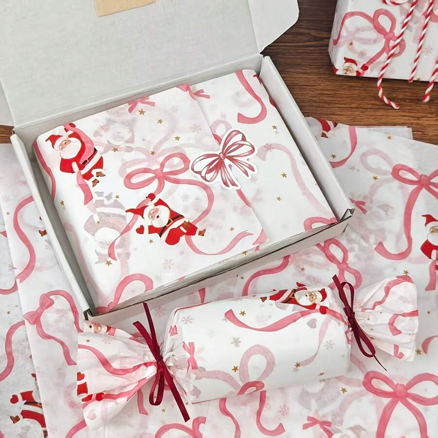 10/30/60pcs Christmas Bow & Santa Claus Pattern Tissue Paper, 50*35cm Gift Wrapping Paper, Suitable For Christmas Gift Decoration, Birthday Gift Wrapping, Bouquet Wrapping, Gift Bag Filler And Party Gifts - Multicolor - View 1