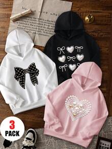 3pcs/Set Tween Girls Smiling Daisy DAISY GIRL Hooded Sweatshirt, Black White Pink Macaron Floral Loose Casual Sweatshirt Set For Boys And Girls, Spring Autumn - Pink - View 3