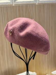 1pc/2pcs Women's Solid Color Wool Warm Beret, French Style Classic Rimless Beret, Suitable For Casual And Party Wear, Metal Heart Decoration, Candy Color Dopamine Style Autumn/Winter Hat - Heart Logo Beret - View 19