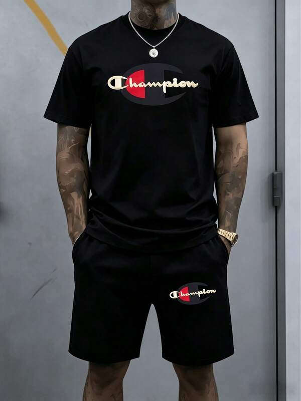 Bold Lettering With A Large Circular Emblem Displays Athletic Spirit And Success For Men During The Summer 2Pcs Shorts Set Daily