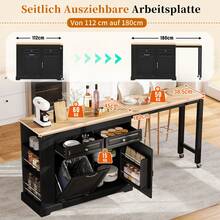 Kitchen Island On Wheels, Kitchen Island With Retractable Dining Corner, Trash Compartment And Drawers, Mobile Freestanding Kitchen Island, Ideal For Kitchen And Dining Room (Black) - 黑色+自然木色 - 查看 4