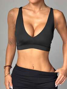 Women's Solid Color Removable Padded Criss-Cross Strap Knit Sports Bra - Black - View 4
