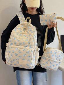 3-Piece Set Blue And White Nylon Casual Fresh Style Strawberry Bow Cherry Pattern All-Over Print Braided Pendant Zipper Pull Large Capacity Foldable Multi-Pocket Zipper Backpack Set Suitable For Women's Daily Matching, College Students' Class Training Bag, Students' School, Outing Shopping Travel Storage Bag - Blue and White - View 3